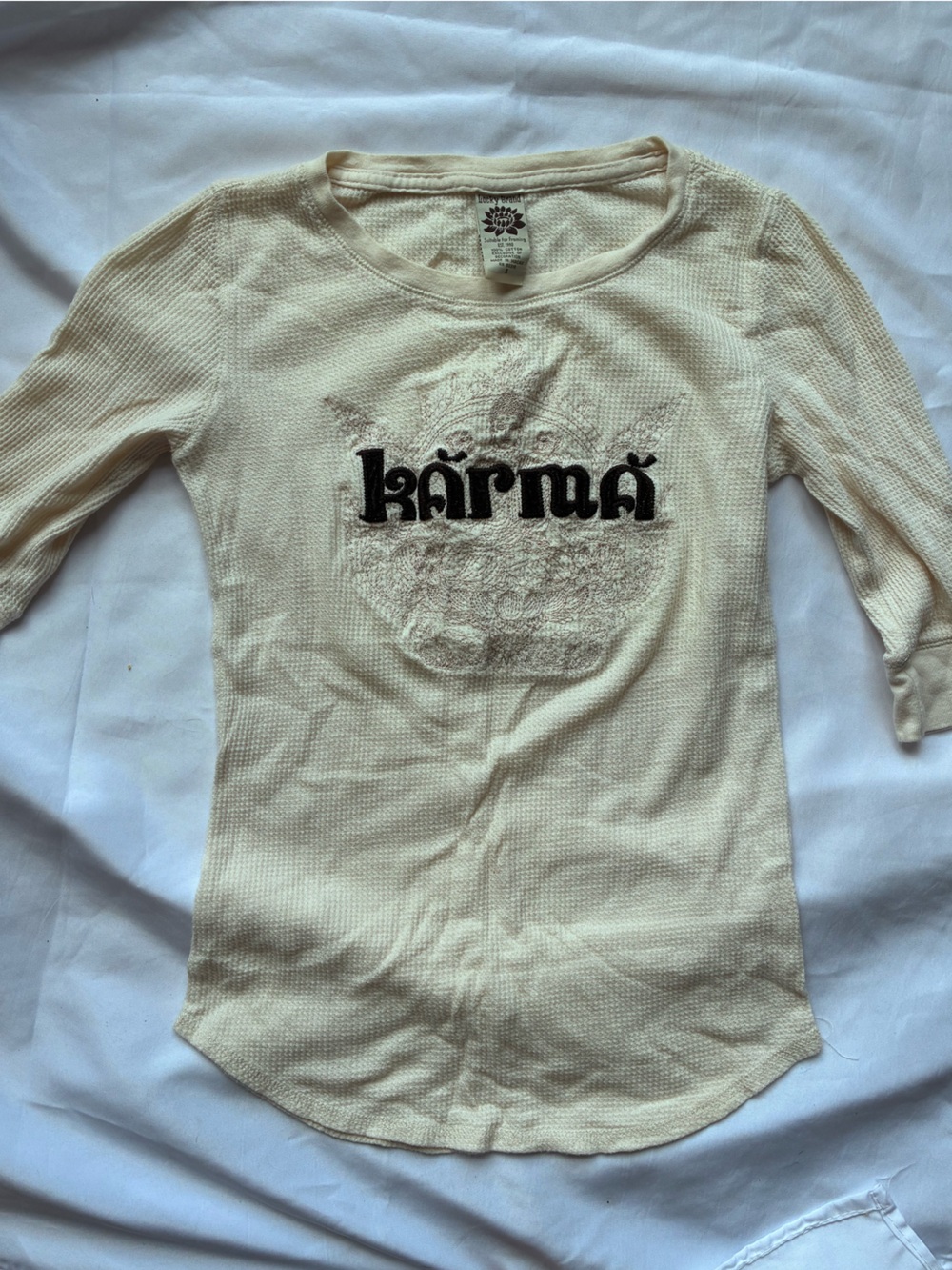 Lucky Brand Cream Waffle-Knit Long Sleeve Shirt with 'Karma' Graphic